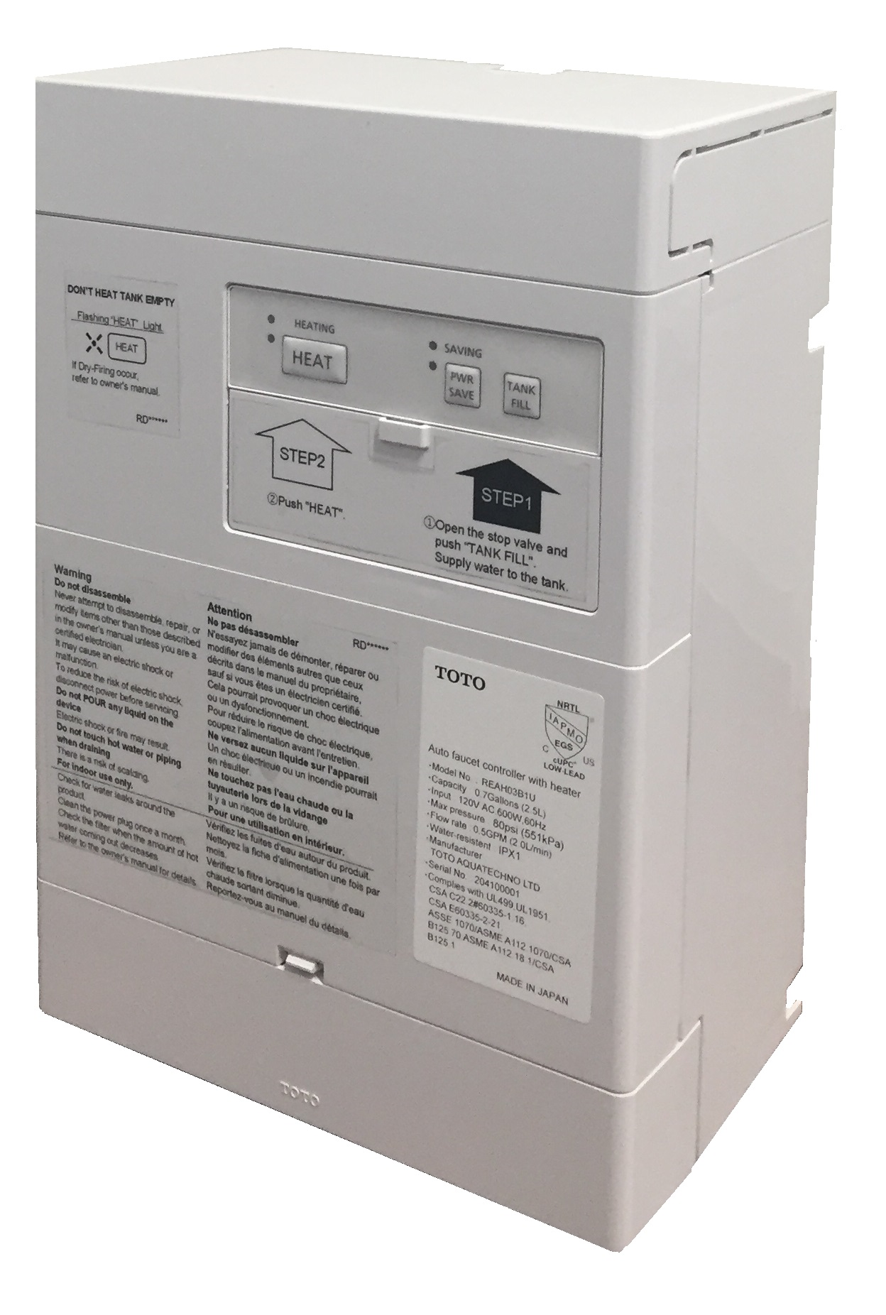 TOTO REAH03B1U Ac Powered 0.5 Gpm 10 Second On-Demand Water Supply Heater And Controller For Touchless Spouts -