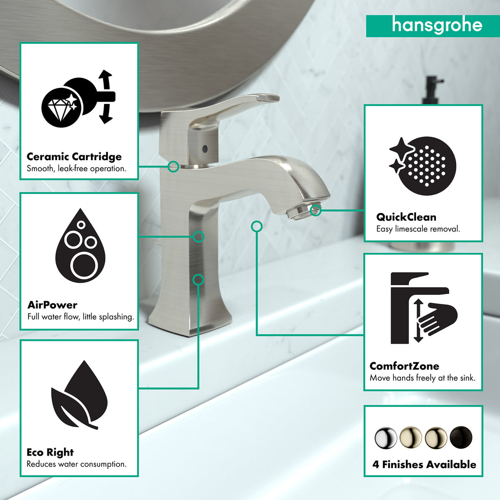 HANSGROHE 31075831 Metris C Single-Hole Faucet 100 with Pop-Up Drain, 1.2 GPM - Polished Nickel
