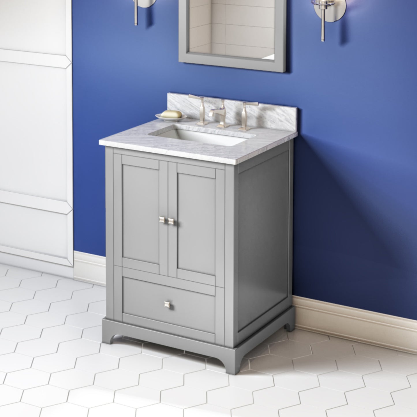 JEFFREY ALEXANDER VKITADD24GRWCR 24" Grey Addington Vanity, White Carrara Marble Vanity Top, undermount rectangle bowl - Grey