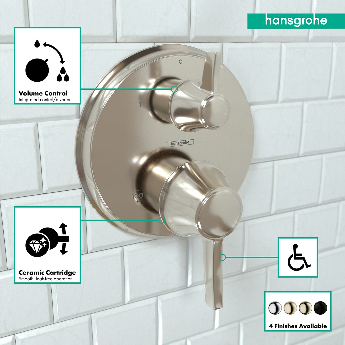 HANSGROHE 15752831 Ecostat Classic Thermostatic Trim with Volume Control, Round - Polished Nickel