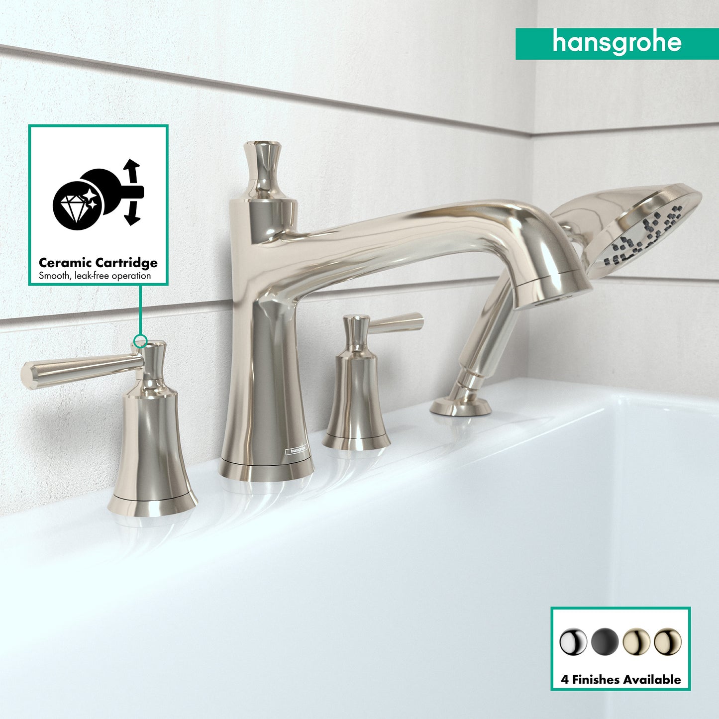 HANSGROHE 04777830 Joleena 4-Hole Roman Tub Set Trim with 1.75 GPM Handshower - Polished Nickel