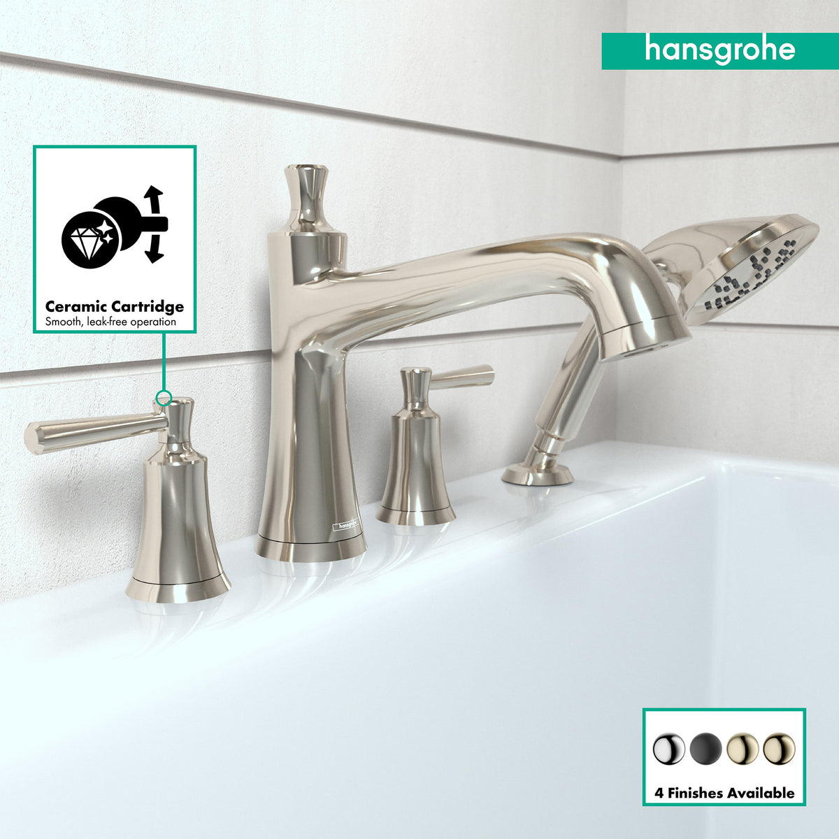 HANSGROHE 04777830 Joleena 4-Hole Roman Tub Set Trim with 1.75 GPM Handshower - Polished Nickel