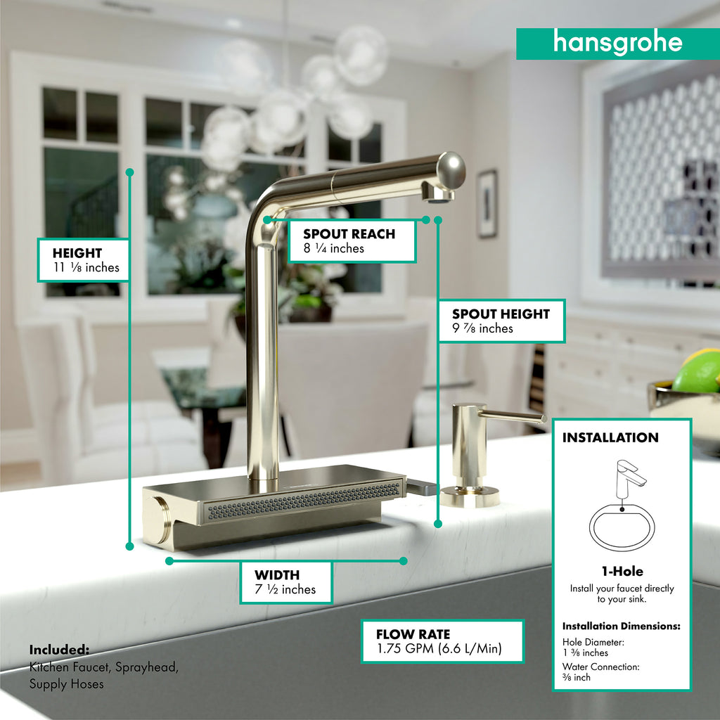 HANSGROHE 73836831 Aquno Select Kitchen Faucet, 2-Spray Pull-Out, 1.75 GPM - Polished Nickel