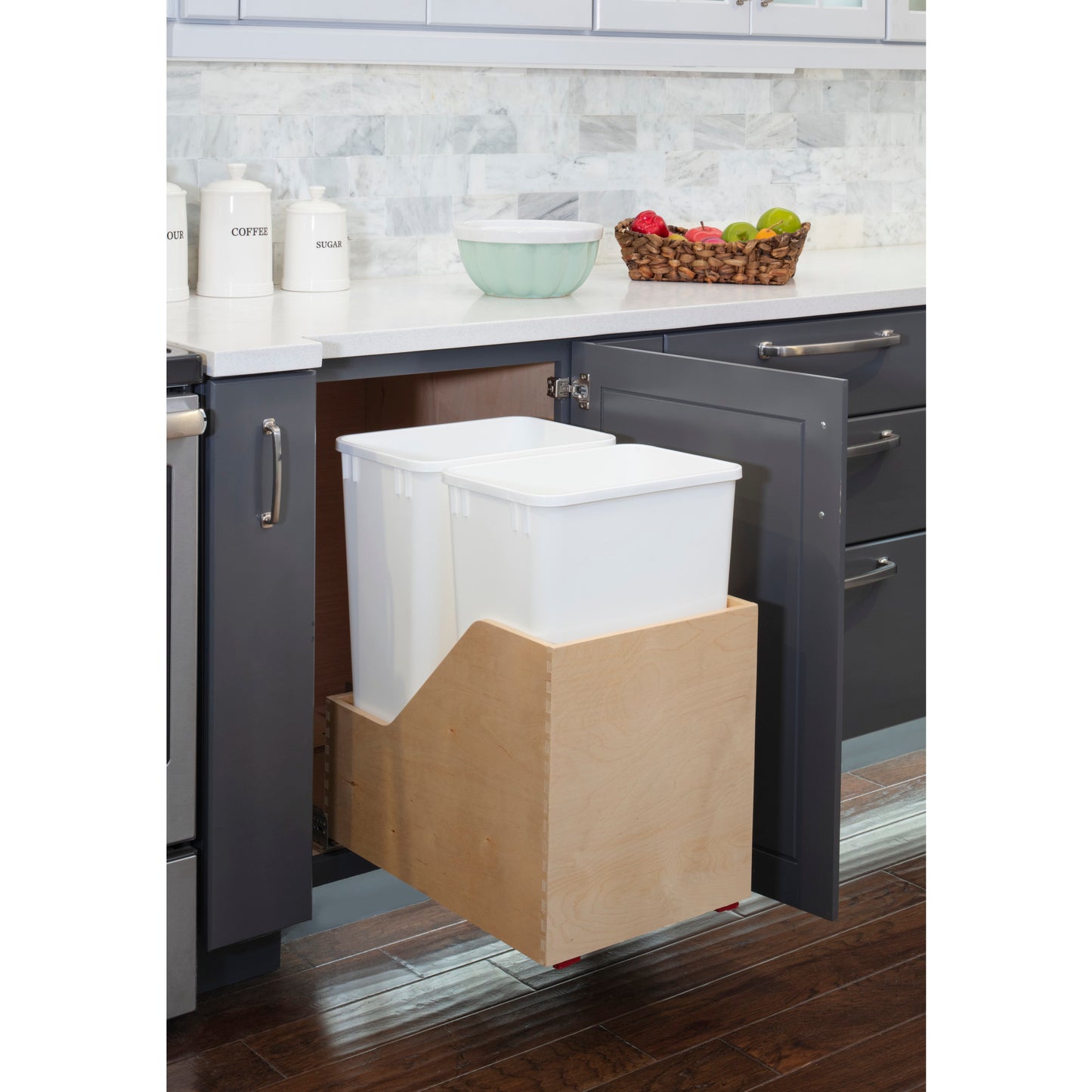 HARDWARE RESOURCES CAN-WBMD50WH Double 50 Quart Wood Bottom-Mount Soft-close Trashcan Rollout for Hinged Doors, Includes Two White Cans - White