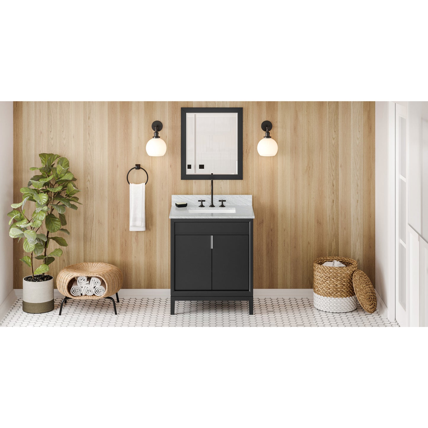 JEFFREY ALEXANDER VKITTHE30BKWCR 30" Black Theodora Vanity, White Carrara Marble Vanity Top, undermount rectangle bowl , Black