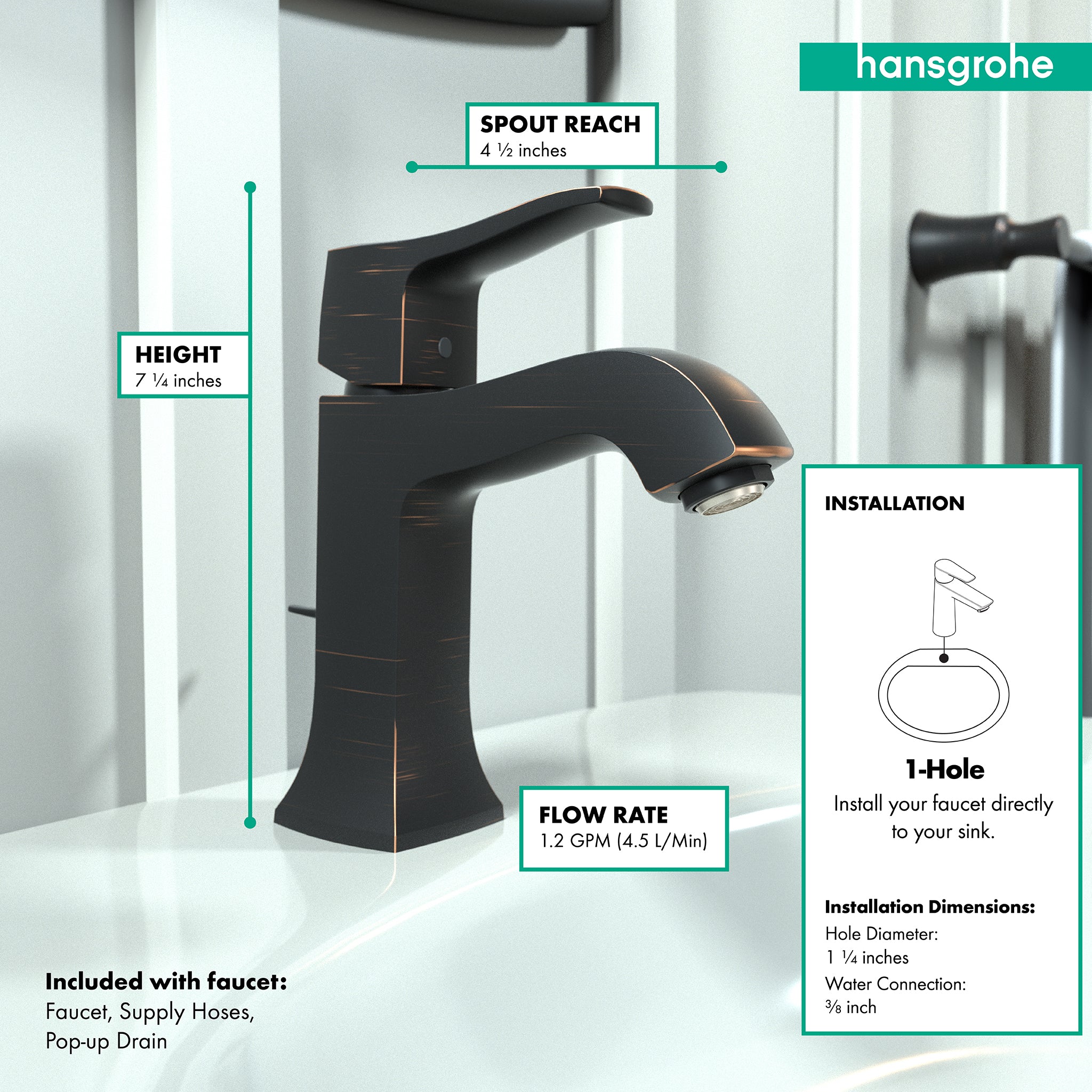 HANSGROHE 31075921 Metris C Single-Hole Faucet 100 with Pop-Up Drain, 1.2 GPM - Rubbed Bronze