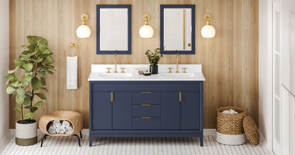 JEFFREY ALEXANDER VKITTHE60BLWQR 60" Hale Blue Theodora Vanity, double bowl, White Quartz Vanity Top, two undermount rectangle bowls - Hale Blue