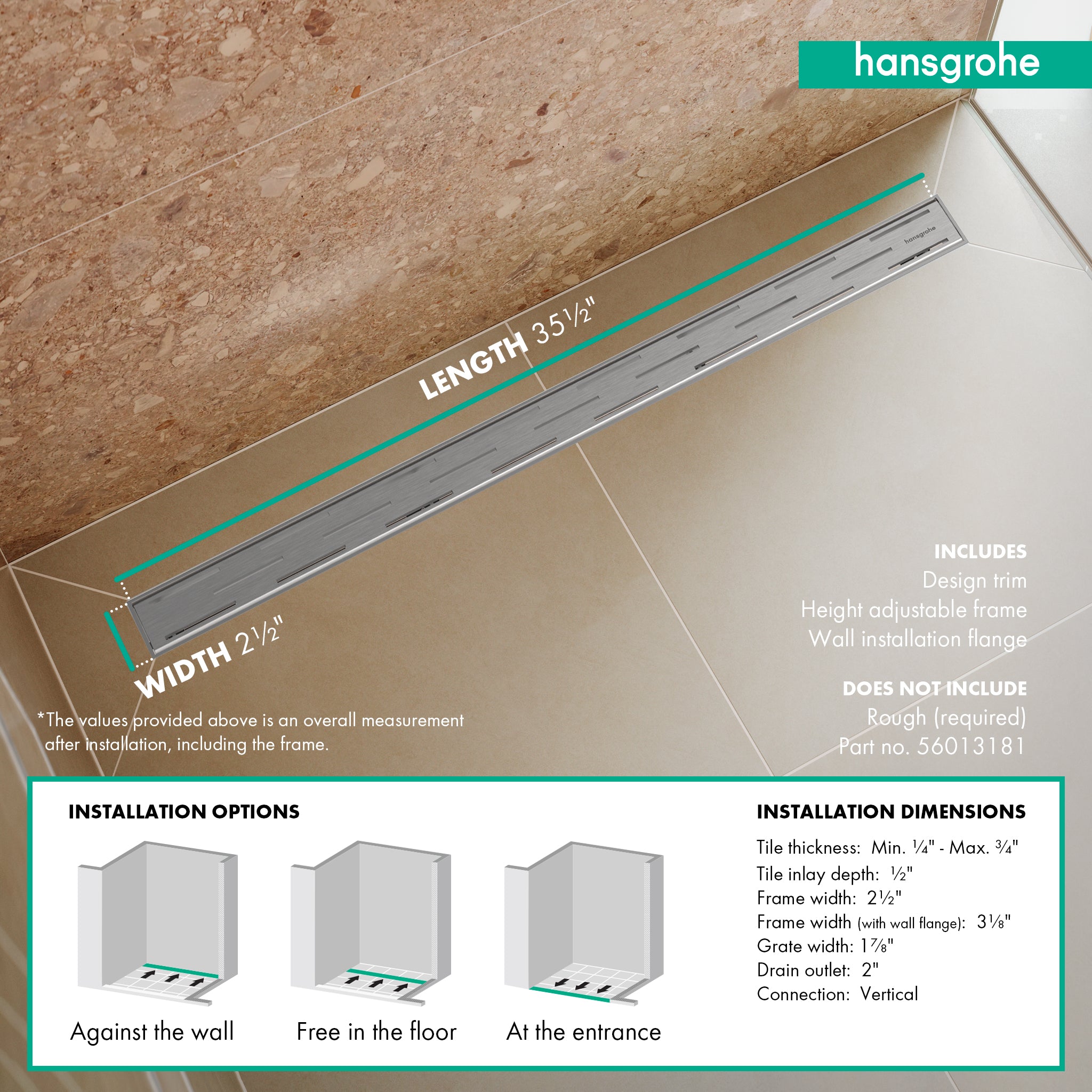 HANSGROHE 56122801 RainDrain Match Classic Trim Classic 35 1/4" with Height Adjustable Frame - Brushed Stainless Steel