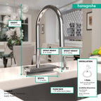 HANSGROHE 73837001 Aquno Select HighArc Kitchen Faucet, 3-Spray Pull-Down, 1.75 GPM - Chrome