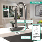 HANSGROHE 73837341 Aquno Select HighArc Kitchen Faucet, 3-Spray Pull-Down, 1.75 GPM - Brushed Black Chrome