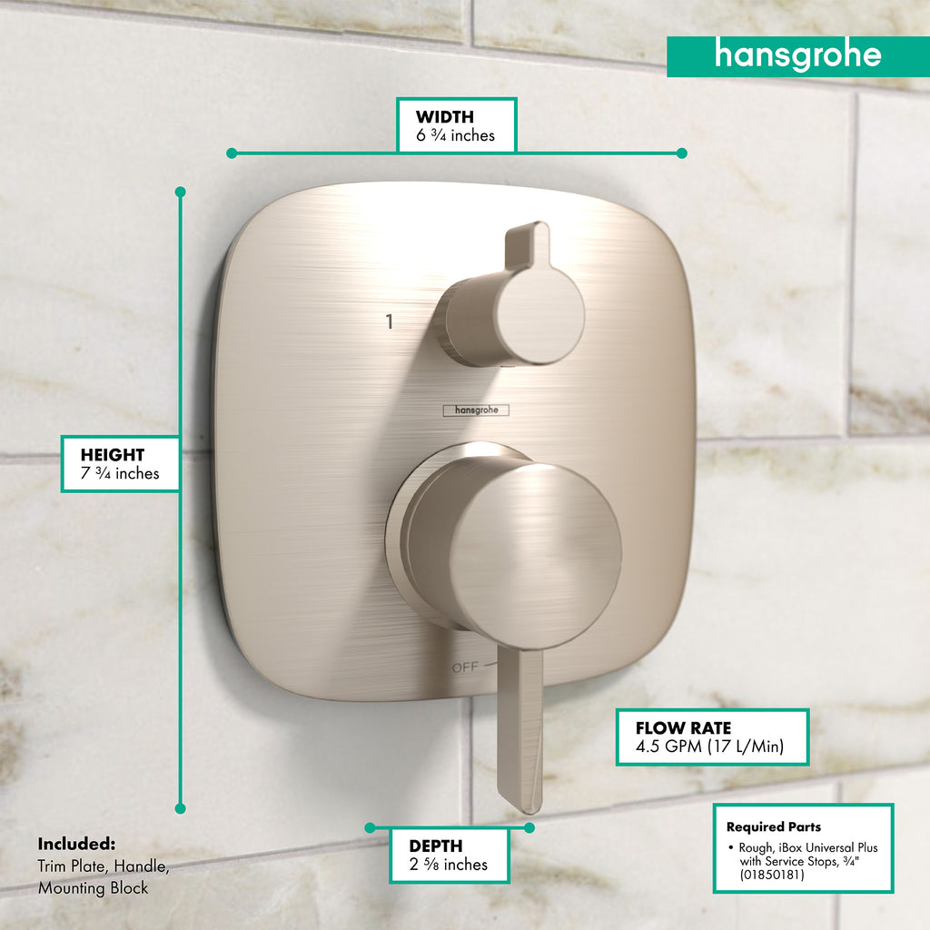 HANSGROHE 15864821 Ecostat Pressure Balance Trim Square with Diverter - Brushed Nickel