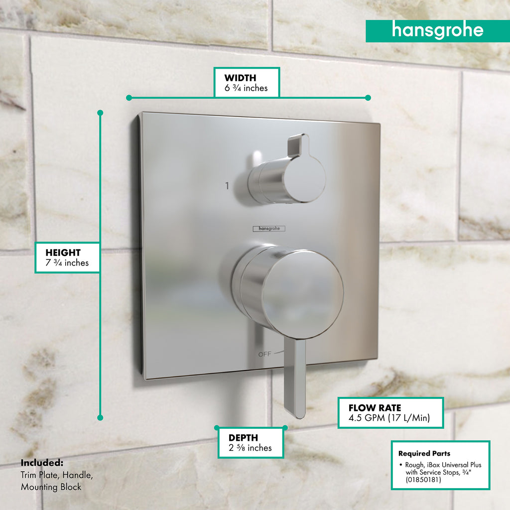 HANSGROHE 15862001 Ecostat Pressure Balance Trim Square with Diverter - Chrome