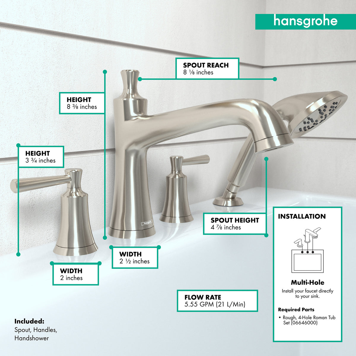 HANSGROHE 04777820 Joleena 4-Hole Roman Tub Set Trim with 1.75 GPM Handshower - Brushed Nickel