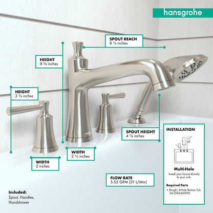 HANSGROHE 04777820 Joleena 4-Hole Roman Tub Set Trim with 1.75 GPM Handshower - Brushed Nickel