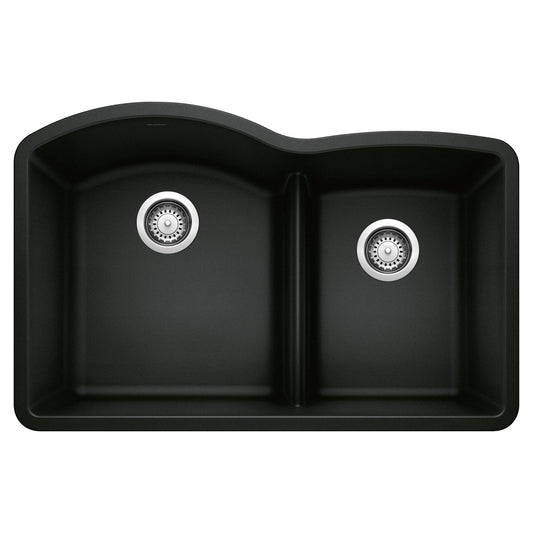 BLANCO 442910 Diamond Diamond SILGRANIT 32" 60/40 Double Bowl Undermount Kitchen Sink with Low Divide - Coal Black in Coal Black