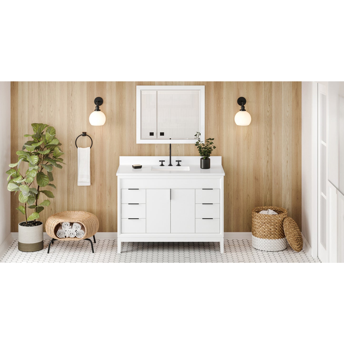 JEFFREY ALEXANDER VKITTHE48WHWQR 48" White Theodora Vanity, White Quartz Vanity Top, undermount rectangle bowl - White
