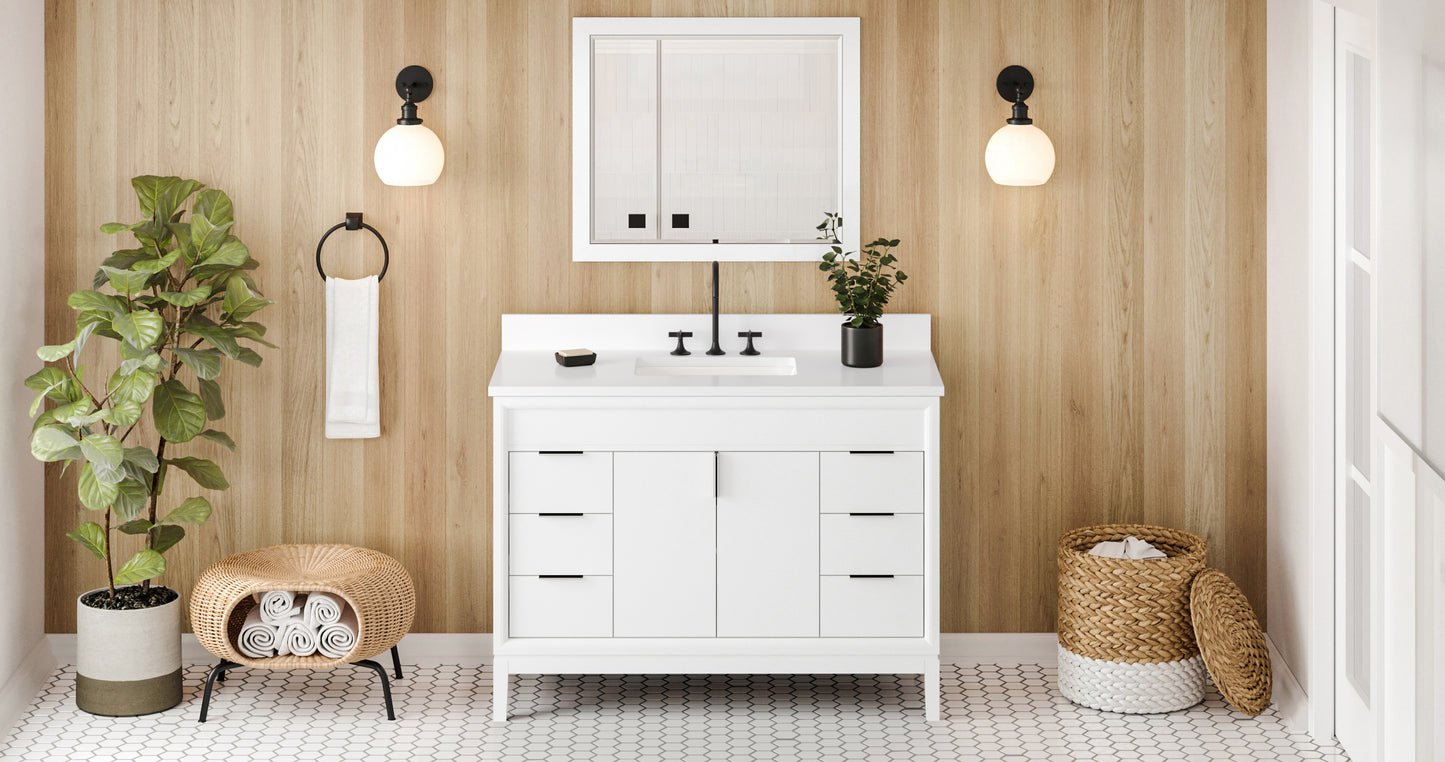 JEFFREY ALEXANDER VKITTHE48WHWQR 48" White Theodora Vanity, White Quartz Vanity Top, undermount rectangle bowl - White