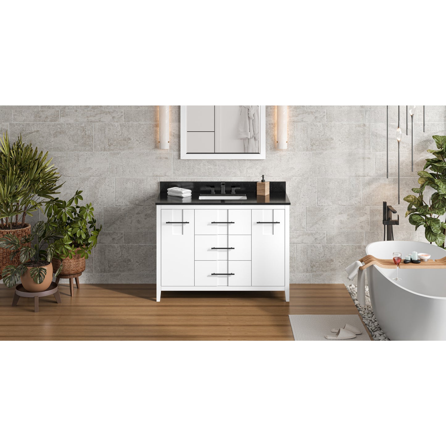 JEFFREY ALEXANDER VKITKAT48WHBGR 48" White Katara Vanity, Black Granite Vanity Top, undermount rectangle bowl , White