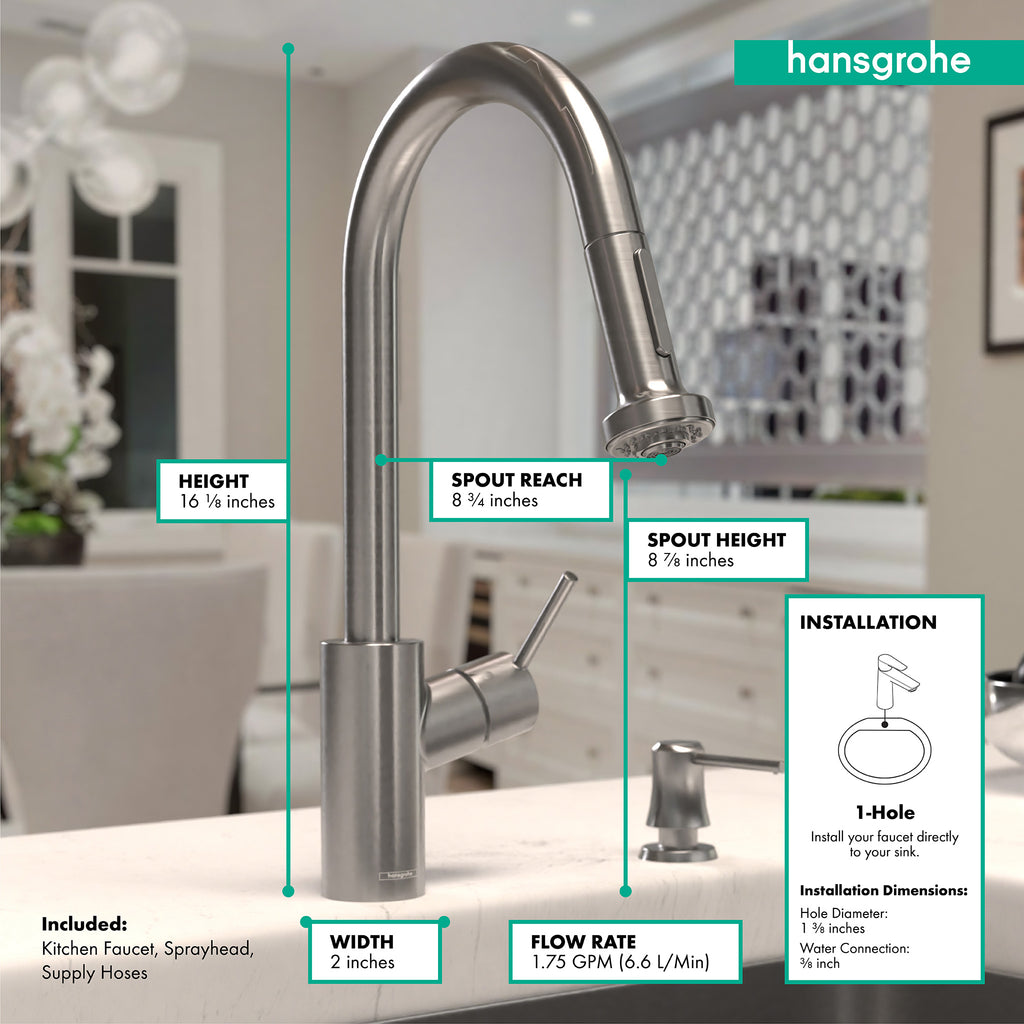 HANSGROHE 14877801 Talis S² HighArc Kitchen Faucet, 2-Spray Pull-Down, 1.75 GPM - Stainless Steel Optic