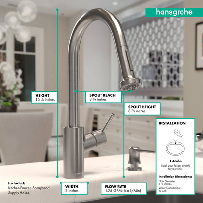 HANSGROHE 14877801 Talis S² HighArc Kitchen Faucet, 2-Spray Pull-Down, 1.75 GPM - Stainless Steel Optic