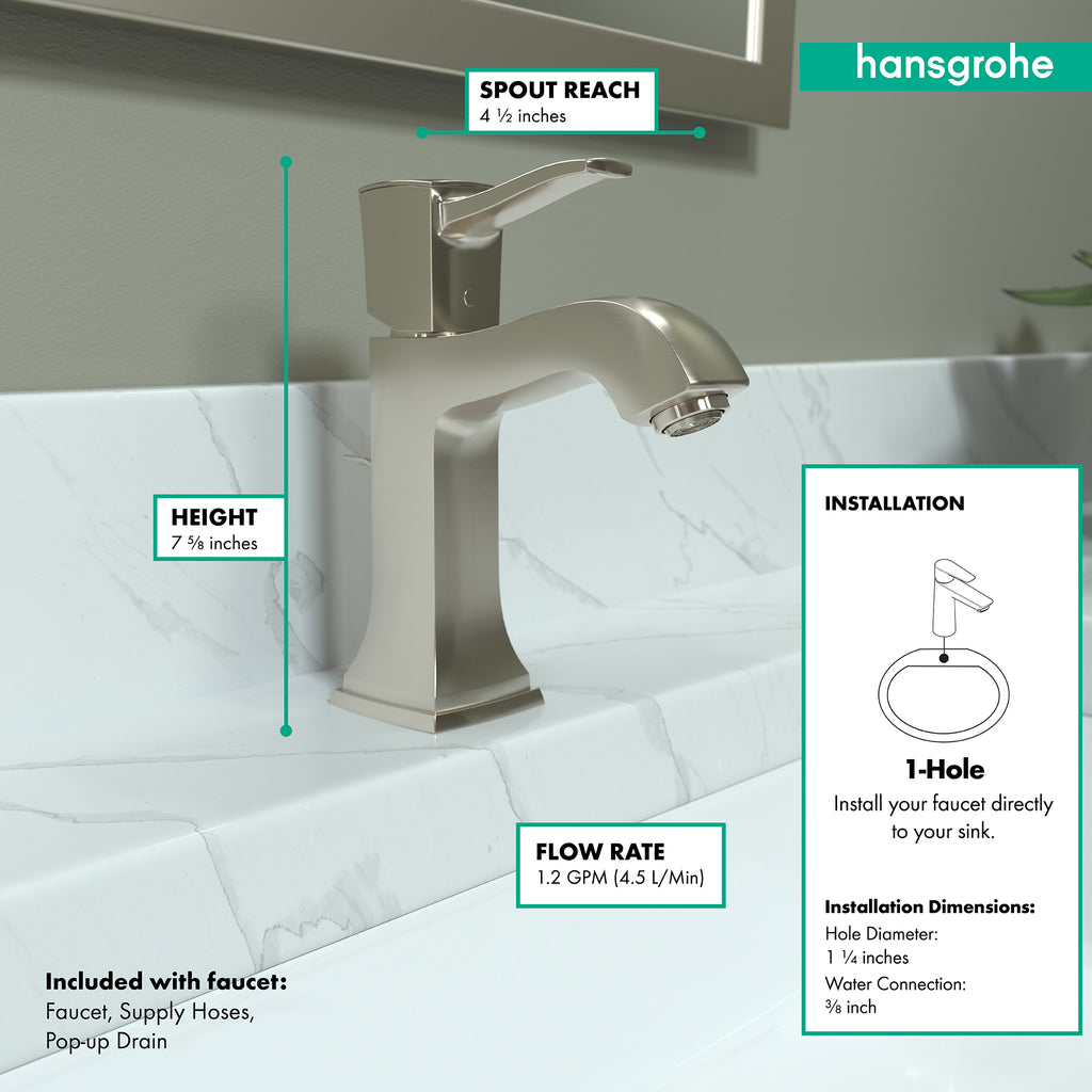 HANSGROHE 31300821 Metropol Classic Single-Hole Faucet 110 with Pop-Up Drain, 1.2 GPM - Brushed Nickel