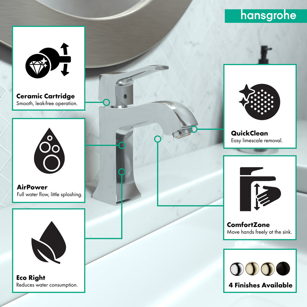 HANSGROHE 31075001 Metris C Single-Hole Faucet 100 with Pop-Up Drain, 1.2 GPM - Chrome