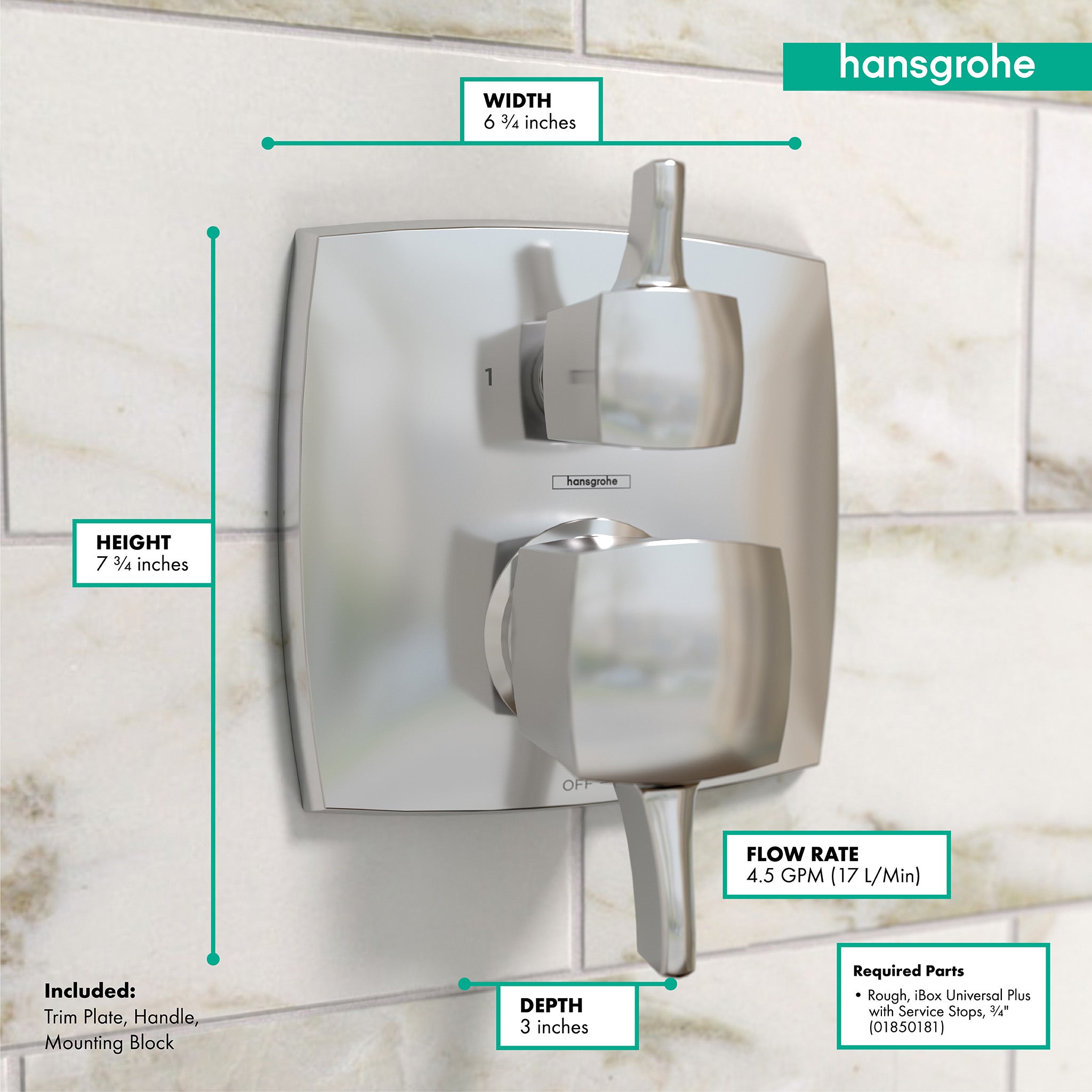 HANSGROHE 15865001 Ecostat Classic Pressure Balance Trim Classic Square with Diverter - Chrome