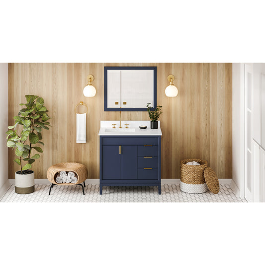 JEFFREY ALEXANDER VKITTHE36BLWQR 36" Hale Blue Theodora Vanity, left offset, White Quartz Vanity Top, undermount rectangle bowl - Hale Blue