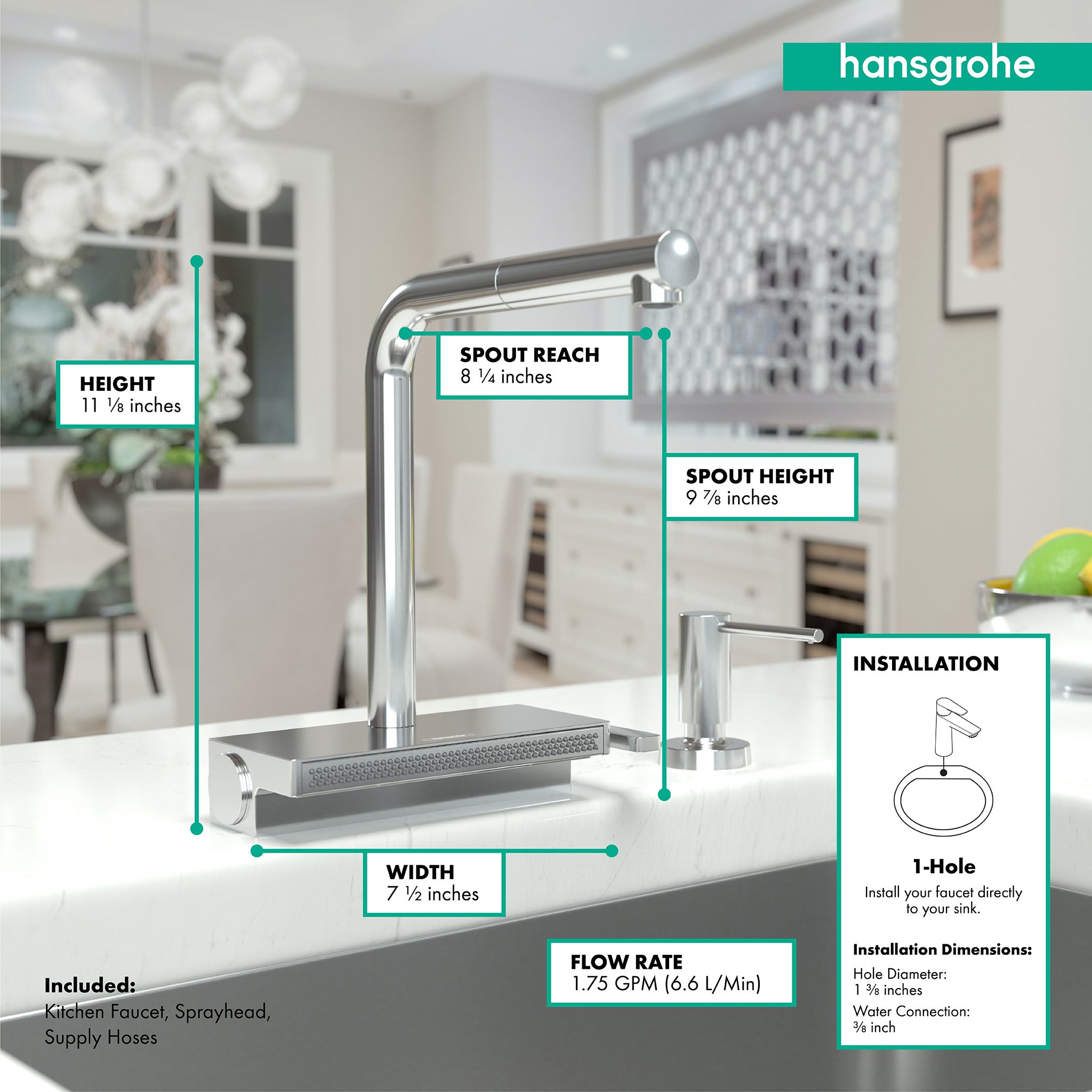 HANSGROHE 73836001 Aquno Select Kitchen Faucet, 2-Spray Pull-Out, 1.75 GPM - Chrome