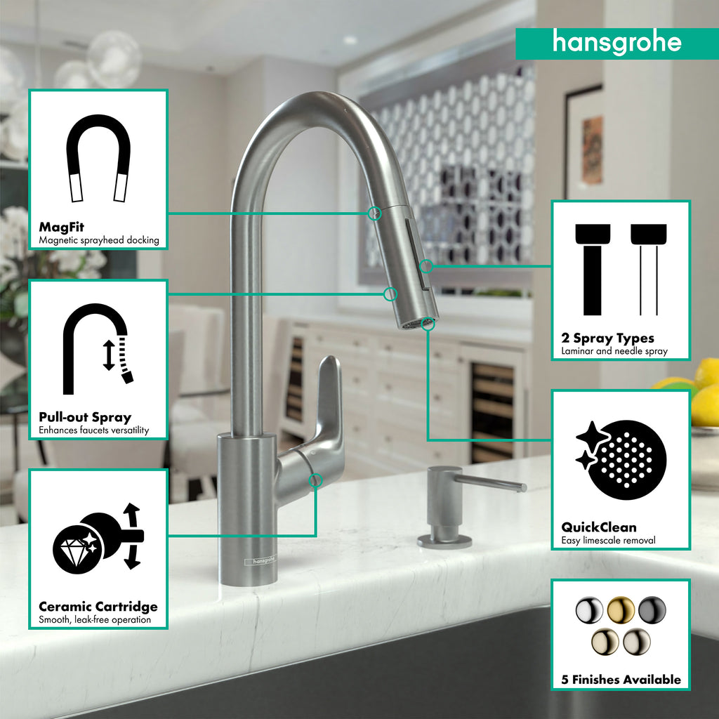 HANSGROHE 04920800 Focus Higharc Kitchen Faucet, 2-Spray Pull-Down, 1.5 GPM - Stainless Steel Optic
