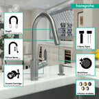 HANSGROHE 04920800 Focus Higharc Kitchen Faucet, 2-Spray Pull-Down, 1.5 GPM - Stainless Steel Optic