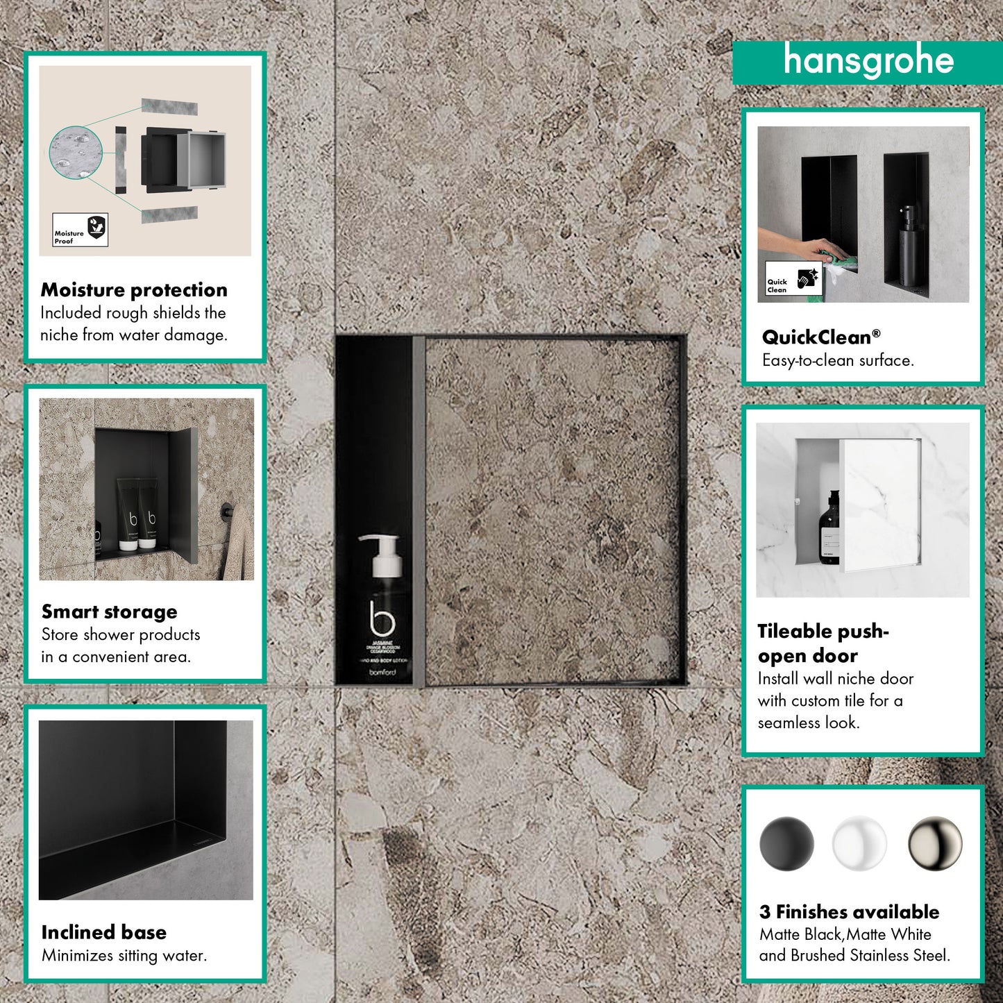 HANSGROHE 56091670 XtraStoris Rock Wall Niche with Tileable Door 12"x 12"x 5.5" - Matte Black