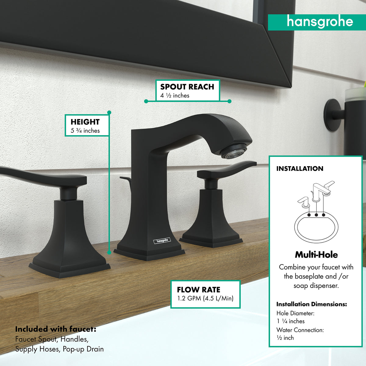 HANSGROHE 31330671 Metropol Classic Widespread Faucet 110 with Lever Handles and Pop-Up Drain, 1.2 GPM - Matte Black