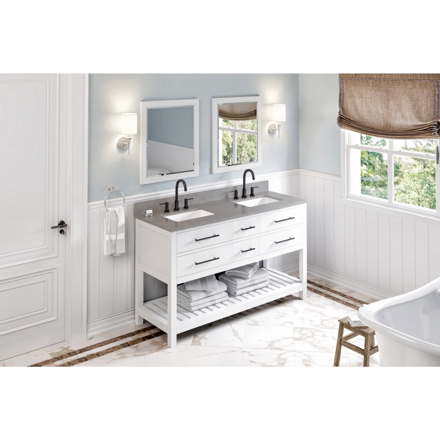 JEFFREY ALEXANDER VKITWAV60WHSGR 60" White Wavecrest Vanity, double bowl, Steel Grey Cultured Marble Vanity Top, two undermount rectangle bowls , White