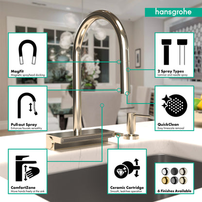 HANSGROHE 73831831 Aquno Select HighArc Kitchen Faucet, 3-Spray Pull-Down with sBox, 1.75 GPM - Polished Nickel