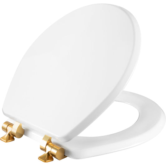 Mayfair Benton Round Enameled Wood Toilet Seat in White with STA-TITE Seat Fastening System and Whisper•Close Brushed Gold Hinge