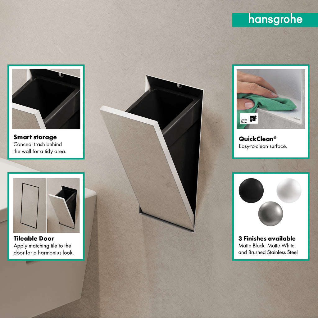 HANSGROHE 56063700 XtraStoris Rock Recessed Trash Bin with Shelf & Tileable Door - Matte White