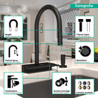 HANSGROHE 73831671 Aquno Select HighArc Kitchen Faucet, 3-Spray Pull-Down with sBox, 1.75 GPM - Matte Black