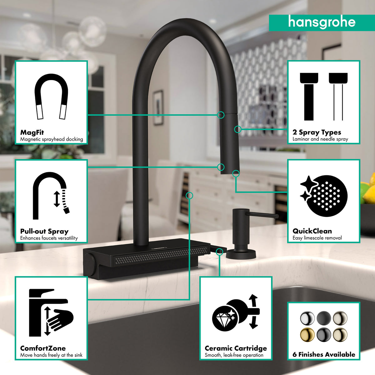 HANSGROHE 73831671 Aquno Select HighArc Kitchen Faucet, 3-Spray Pull-Down with sBox, 1.75 GPM - Matte Black