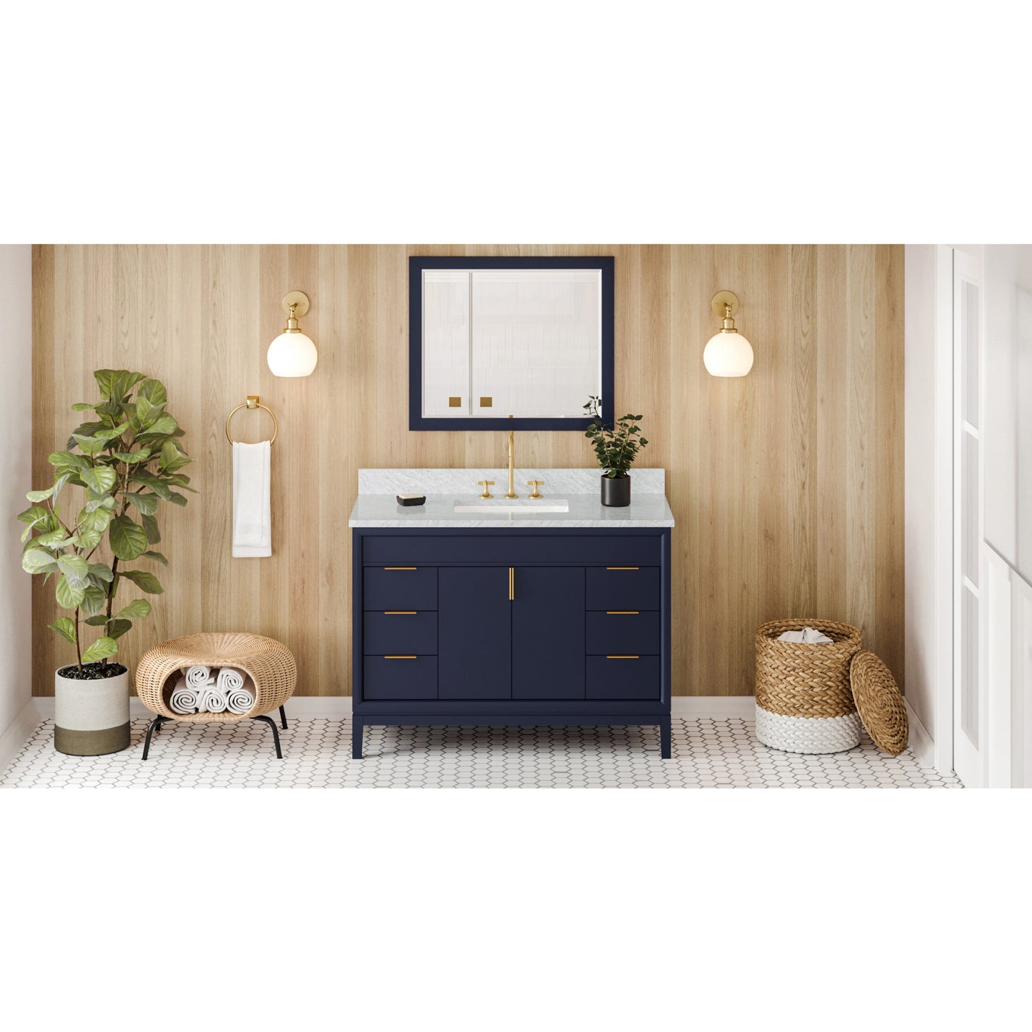 JEFFREY ALEXANDER VKITTHE48BLWCR 48" Hale Blue Theodora Vanity, White Carrara Marble Vanity Top, undermount rectangle bowl , Hale Blue