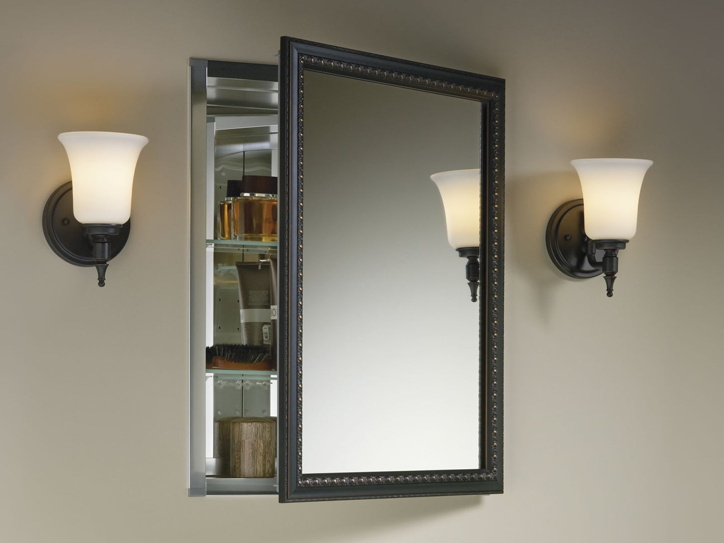 KOHLER K-2967-BR1 20" W x 26" H aluminum single-door medicine cabinet with oil-rubbed bronze framed mirror door - Oil-Rubbed Bronze