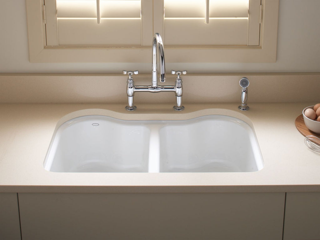 KOHLER K-5818-5U-0 Hartland 33" Undermount Double-Bowl Kitchen Sink - White