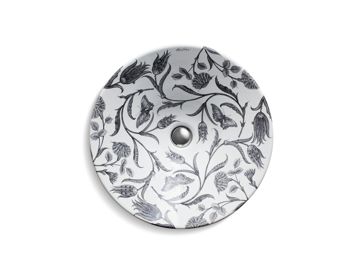KOHLER K-14223-BT-0 Botanical Study Conical Bell 16-1/4" Round Vessel Bathroom Sink, No Overflow - Botanical Study