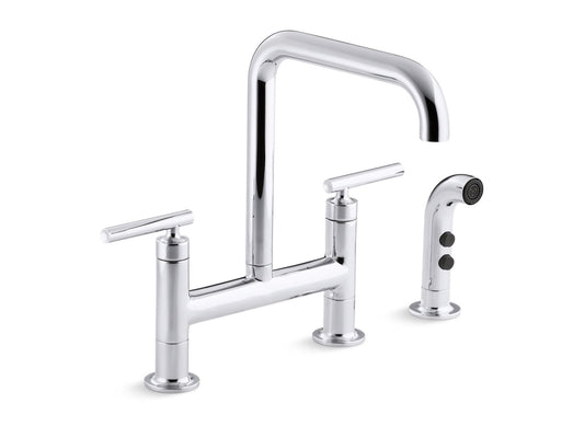 KOHLER K-7548-4-CP Purist Two-Hole Bridge Kitchen Sink Faucet With Side Sprayer In Polished Chrome