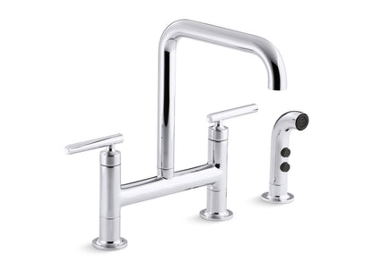 KOHLER K-7548-4-2MB Purist Two-hole bridge kitchen sink faucet with side sprayer - Vibrant Brushed Moderne Brass