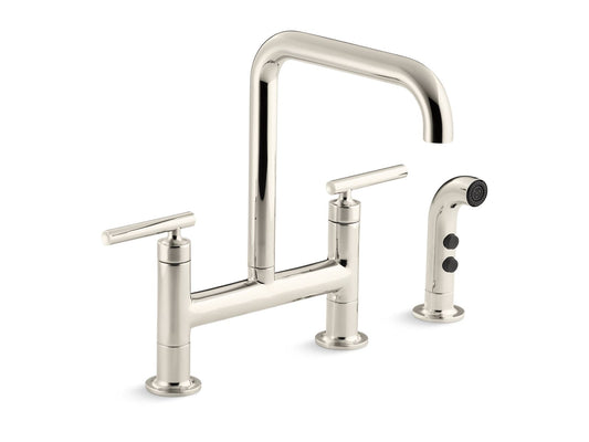 KOHLER K-7548-4-SN Purist Two-Hole Bridge Kitchen Sink Faucet With Side Sprayer In Vibrant Polished Nickel