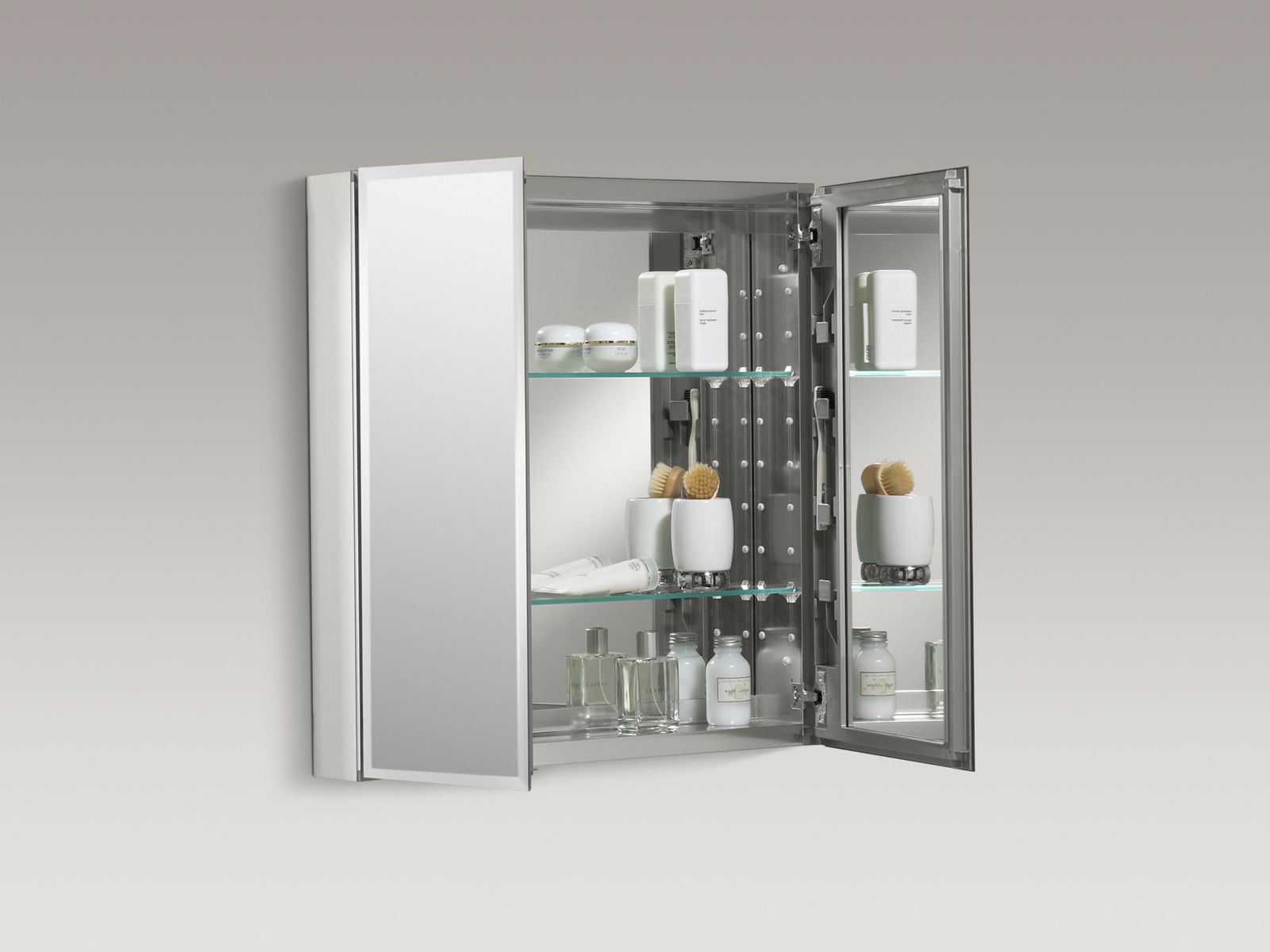 KOHLER K-CB-CLC2526FS 25" W X 26" H Aluminum Two-Door Medicine Cabinet With Mirrored Doors, Beveled Edges