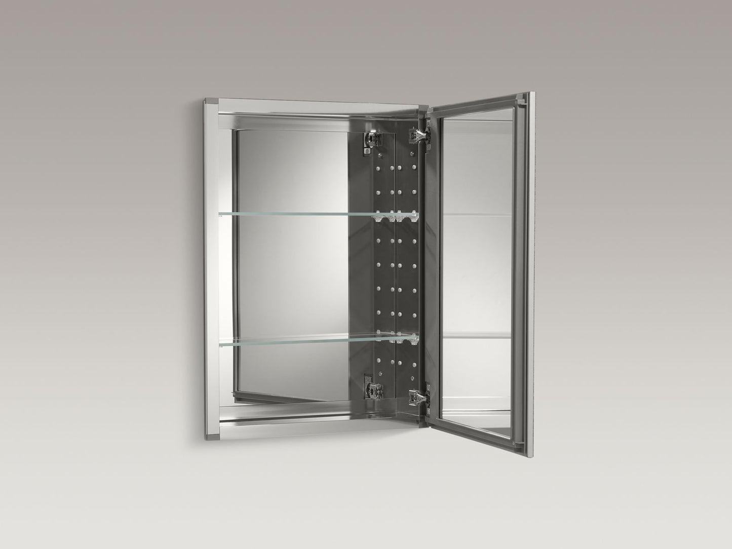 KOHLER K-CB-CLW2026SS 20" W x 26" H aluminum single-door medicine cabinet with decorative silver framed mirrored door