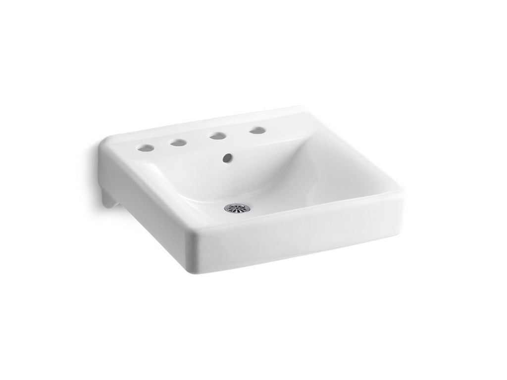 KOHLER K-2053-L-0 Soho 20" X 18" Wall-Mount/Concealed Arm Carrier Bathroom Sink With 8" Widespread Faucet Holes And Left-Hand Soap Dispenser Hole - White