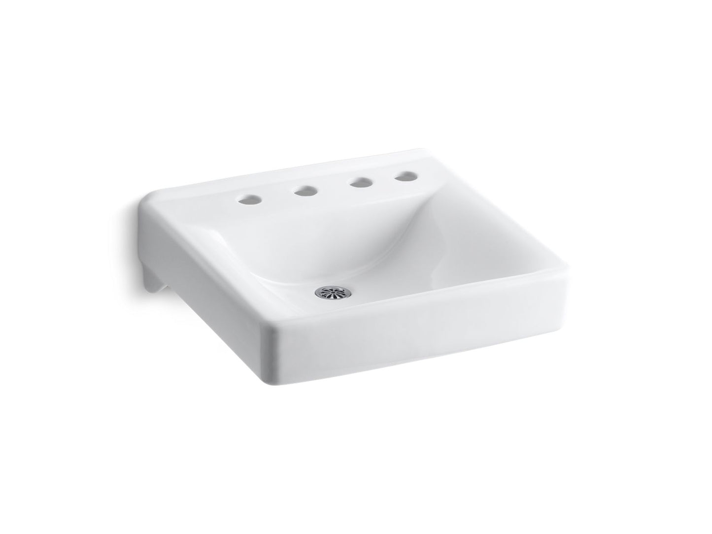 KOHLER K-2053-NR-0 Soho 20" X 18" Wall-Mount/Concealed Arm Carrier Bathroom Sink With 8" Widespread Faucet Holes And Right-Hand Soap Dispenser Hole In White